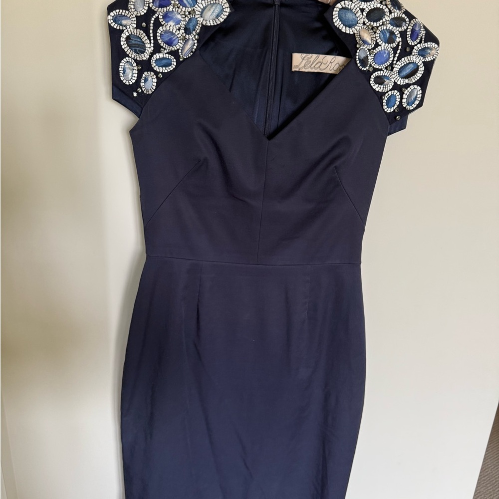 Lela Rose Navy Dress with Embellished Shoulders